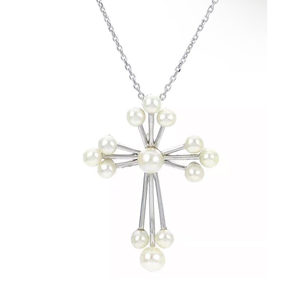 Pearl Cross Pendant Necklace (3-4.5mm) Sterling Silver Faith Stunning Intricate